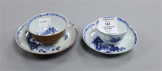 Two Chinese Nanking Cargo blue and white tea bowls and saucers.